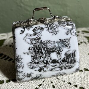 Limoges-Inspired Toile Porcelain Trinket Box Suitcase Shape with Farm Scene
